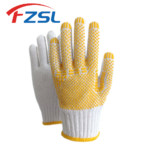 7G knitted non-slip work gloves with yellow dots - white