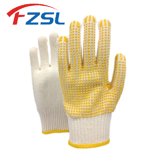 10G 100% cotton work gloves with yellow non-slip dots