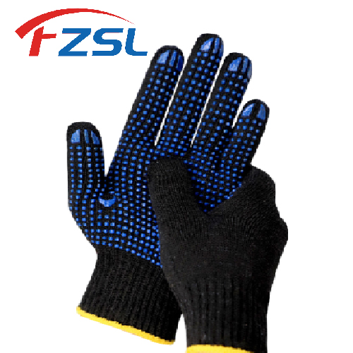 10G knitted work gloves with blue non-slip polka dot - black gloves