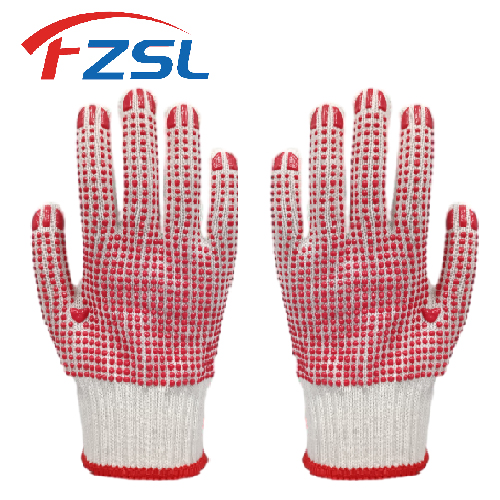 10G non-slip knitted work gloves with red dots - white gloves