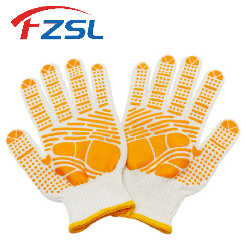 10G knit work gloves with yellow non-slip adhesive - White gloves