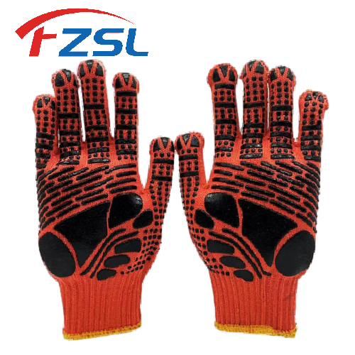 10G polyester knit work gloves with black non-slip polka dots - Orange gloves