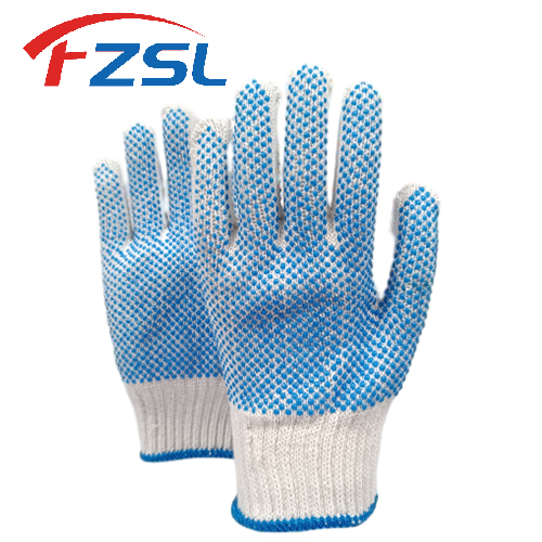 10G blue double sided polka dot non-slip knitted work gloves - White gloves