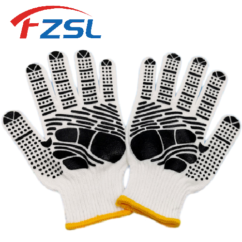 10G non-slip knitted work gloves with black polka dots - White gloves