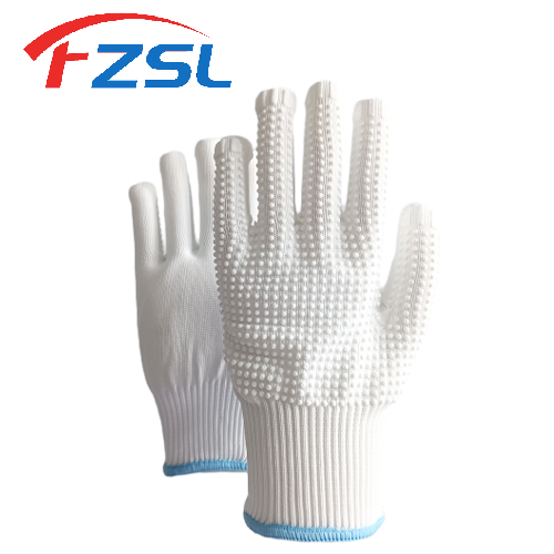 13G polyester knit work gloves with non-slip polka dots - White gloves