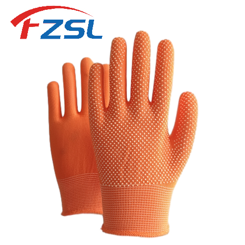 13G Polyester working gloves with non-slip polka dots - Orange gloves