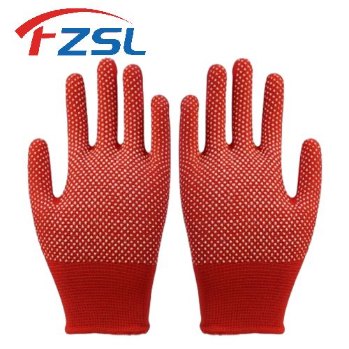 13G Polyester working gloves with non-slip polka dots - Red gloves