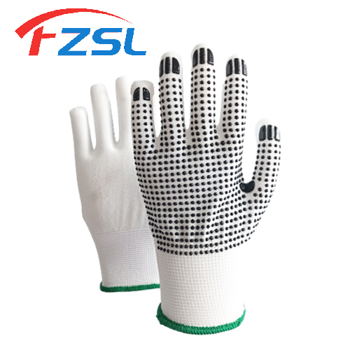 13G Polyester working gloves with black non-slip polka dots - White gloves