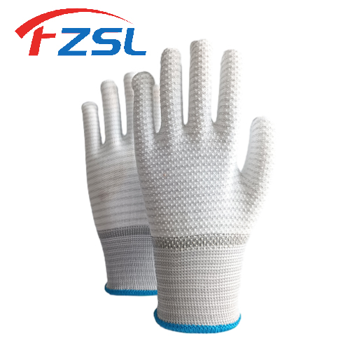 13G Polyester working gloves with white non-slip polka dots - tri-color gloves