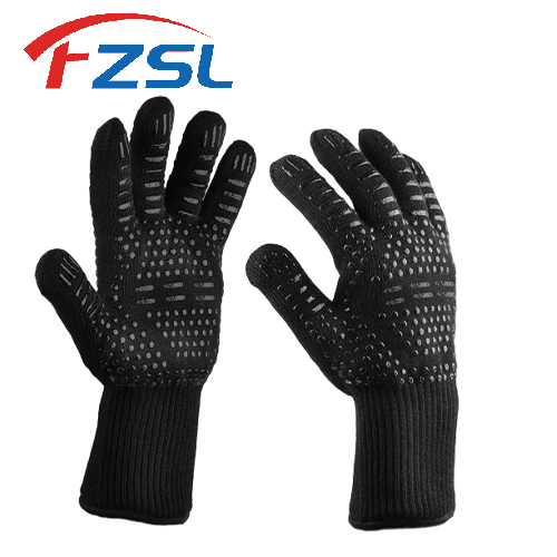 Printed black non-slip silicone heat resistant flame retardant outdoor barbecue gloves Baking gloves