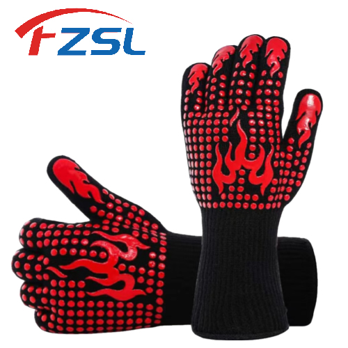 Printed red fire non-slip silicone heat resistant flame retardant outdoor barbecue gloves Baking glo