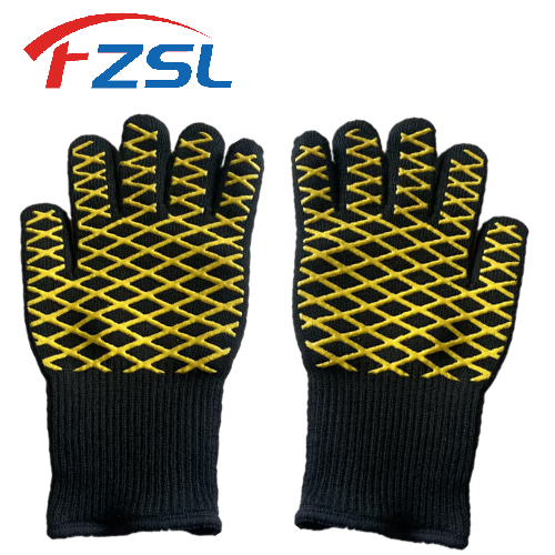 Printed yellow stripe non-slip silicone heat resistant flame retardant outdoor barbecue gloves Bakin