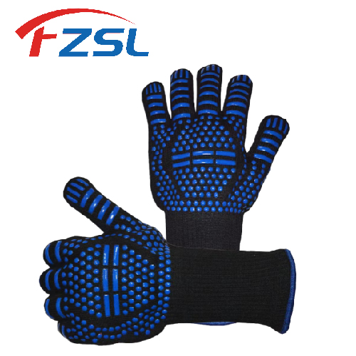 Printed blue non-slip silicone heat resistant flame retardant outdoor barbecue gloves Baking gloves 