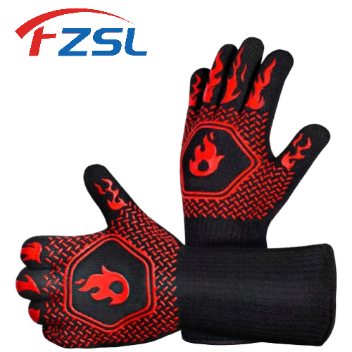 Printed red fire non-slip silicone heat resistant flame retardant outdoor barbecue gloves