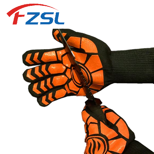 Printed orange non-slip silicone heat resistant flame retardant outdoor barbecue gloves