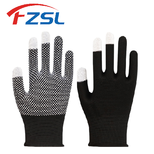 13G black nylon touch screen work gloves with pvc non-slip polka dot