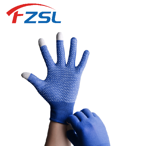 13G Nylon touch screen work gloves with pvc non-slip polka dot blue