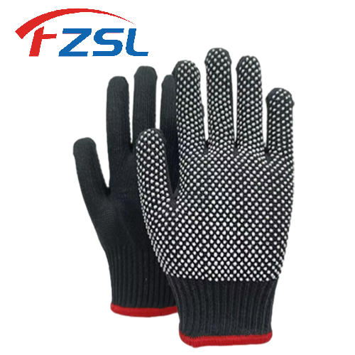 10G black knit work gloves with non-slip polka dots