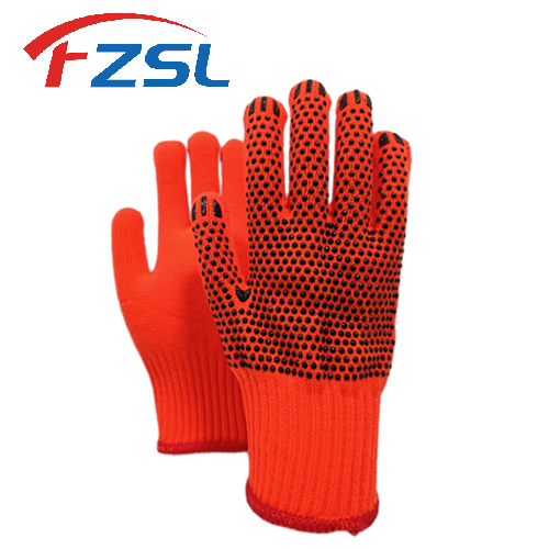 10G red acrylic work gloves with non-slip PVC polka dots